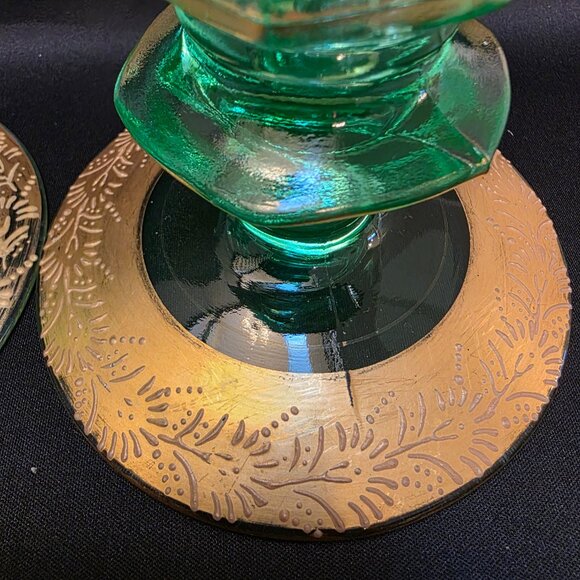 VTG Pair of Uranium Green Depression Glass Geometric Hexagon Taper Candle Holder - Picture 3 of 9